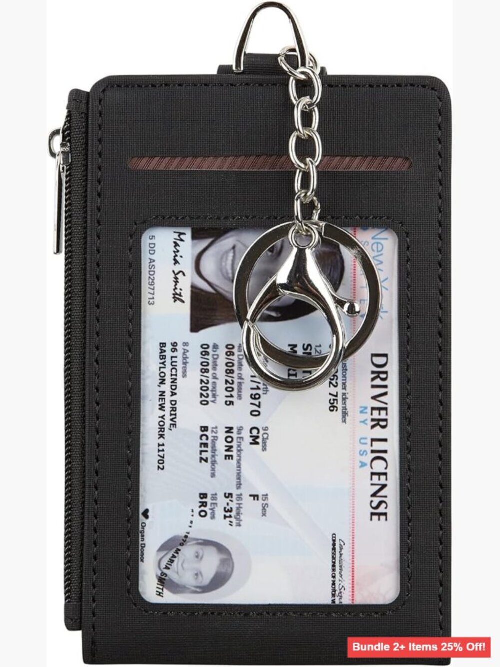 Slim Minimalist Wallet with Keychain, 7 Card Slots, Zipper Pocket